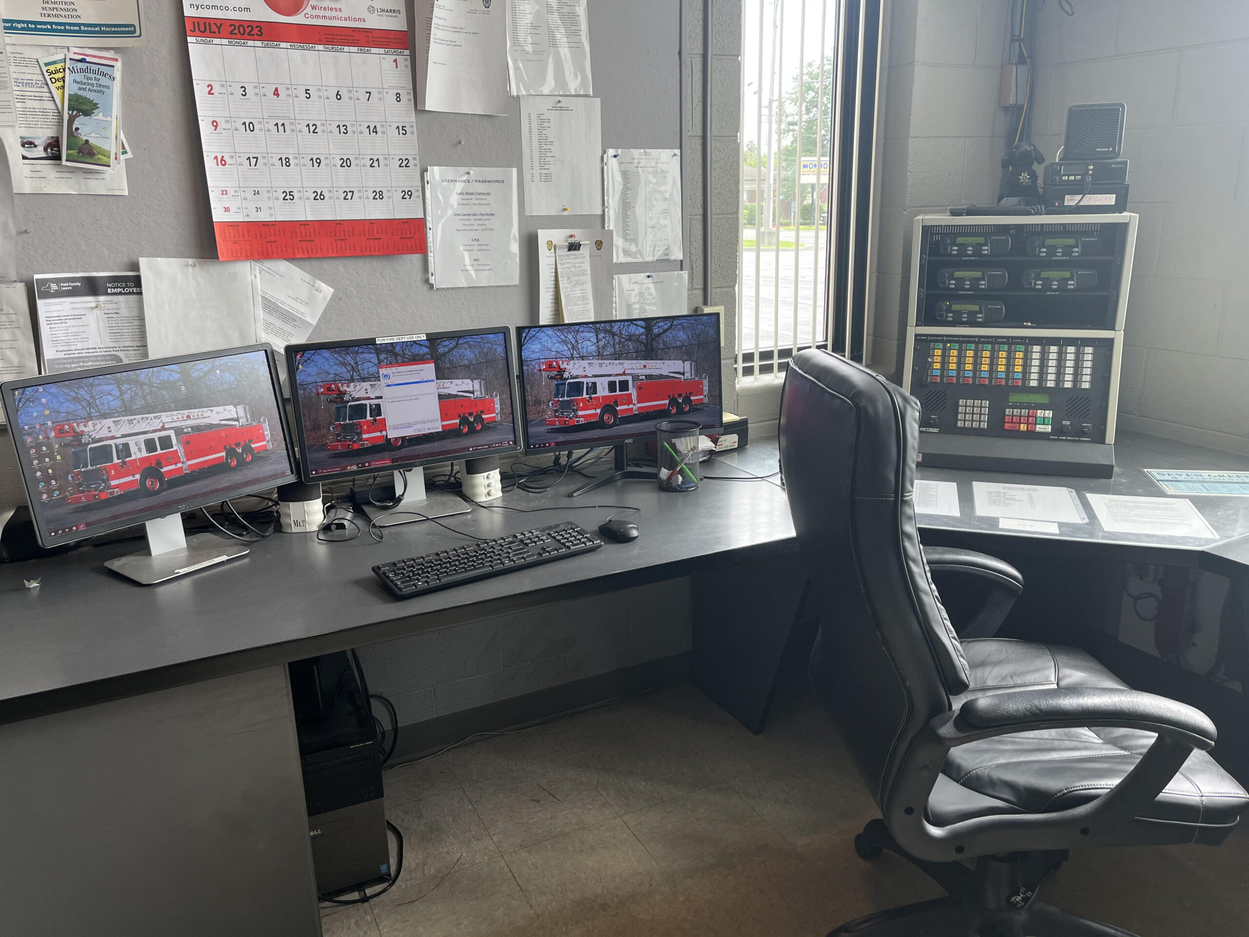 Ulster Hose Communications Center, which includes three desktop computers and a large radio display for communicating with members on scene, mutual aid departments and Ulster County 911